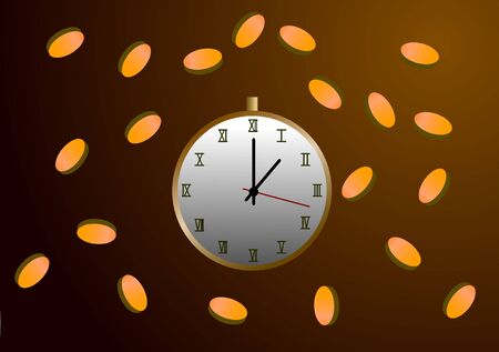 Vector illustration of earnings. Watches and falling coins.のイラスト素材