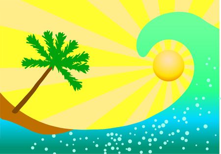 Vector illustration of vocation. Ocean wave and palm tree on yellow background.のイラスト素材