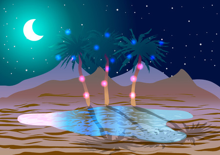 Oasis in the desert at nightのイラスト素材