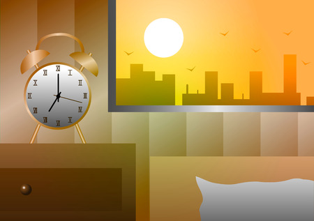 Vector illustration. Alarm clock at the window beside the bed in the morning.のイラスト素材