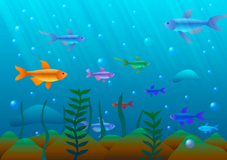 Vector illustration. Underwater world of fish and seaweedのイラスト素材