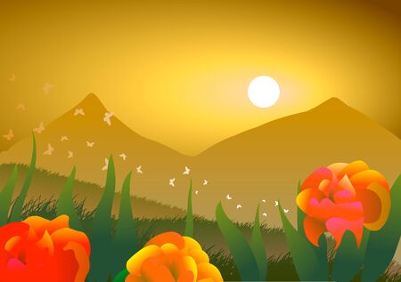 Vector illustration. Spring landscape. Roses, butterflies and mountains at sunset.のイラスト素材