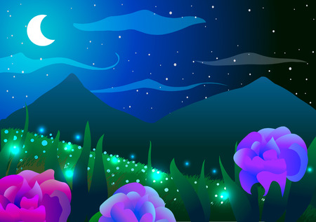 Vector illustration. Spring landscape. Roses, butterflies and mountains at night.のイラスト素材