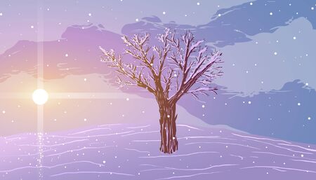Winter. Tree on the hill, and falling snow at sunset.のイラスト素材