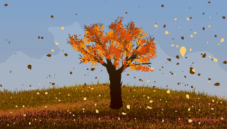 Autumn. Deciduous tree with orange leaves on the hill.