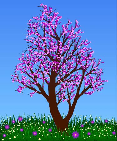 Spring. Blooming tree on the grass with flowers against a blue sky.のイラスト素材