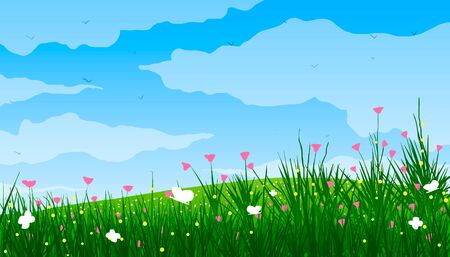 Vector illustration. Green meadows, flowers and butterflyes in spring.のイラスト素材