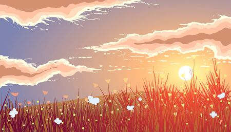 Vector illustration. Meadows and flowers at sunset.のイラスト素材