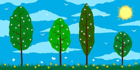Spring. Cartoon blossoming trees on the field with flowers, clouds, and sun.のイラスト素材