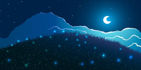 Vector meadow and flowers at night. Moon, clouds and glowworms.のイラスト素材