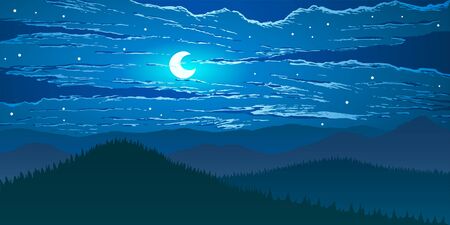 Vector landscape. Moonlight night in mountains valley.のイラスト素材