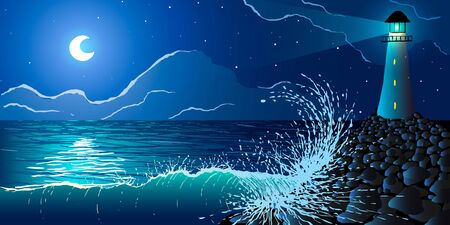Vector illustration. Lighthouse on a rock near the ocean shore at night.のイラスト素材