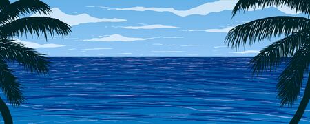 Vector illustration. Silhouettes of palm trees on background of blue ocean.のイラスト素材
