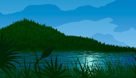 River bank in grass among mountains in vectorのイラスト素材