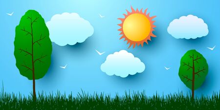 Summer cartoon landscape. Sun, clouds, birds, trees on green grassのイラスト素材