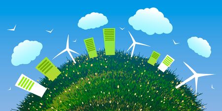 World Environment Day. Abstract ecological city with wind farms on green grass.のイラスト素材
