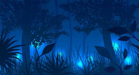 Forest with glowing fireflies at night. Vector illustration.のイラスト素材