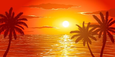 Beach at sunset in vector. Silhouettes of palm trees on the background of ocean.のイラスト素材