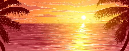 Vector illustration. Beach at sunset. Silhouettes of palm trees on the background of ocean.のイラスト素材