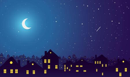 Vintage town at night. Bright moon and shooting star.のイラスト素材