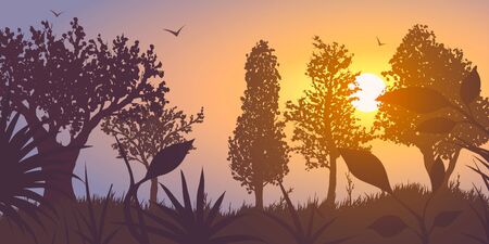 silhouette of forest at orange sunset. vector Illustration.のイラスト素材