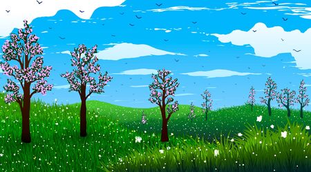 Spring. Blooming trees on hills with flowers and butterflies. Birds flying in the clouds.のイラスト素材