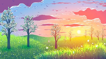 Spring sunset. Blooming trees on hills with flowers and butterflies. Birds flying in the clouds.のイラスト素材