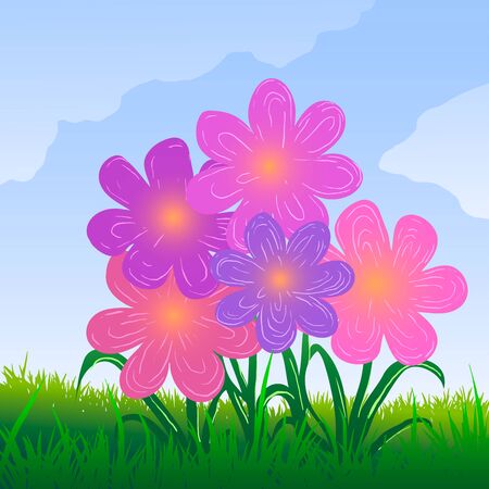 Violet flowers on green grass against background of blue sky and clouds.のイラスト素材
