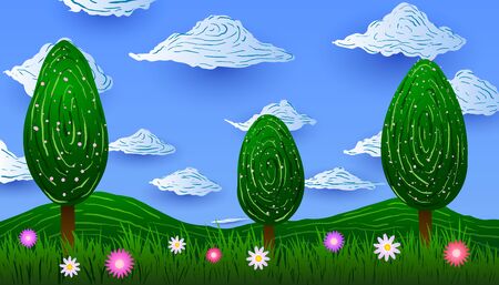 Spring cartoon landscape. Clouds, trees on green grass with flowers.のイラスト素材