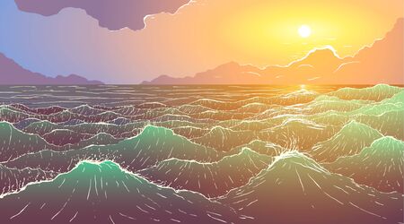 Vector illustration of large ocean waves at sunsetのイラスト素材