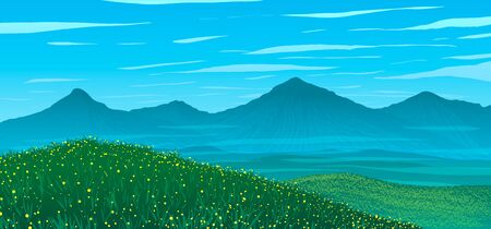 Spring landscape in vector. Meadow with flowers on background of mountains.のイラスト素材