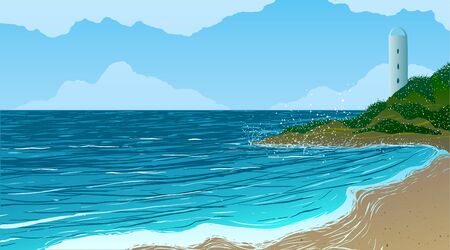 Lighthouse on the shore of the blue oceanのイラスト素材