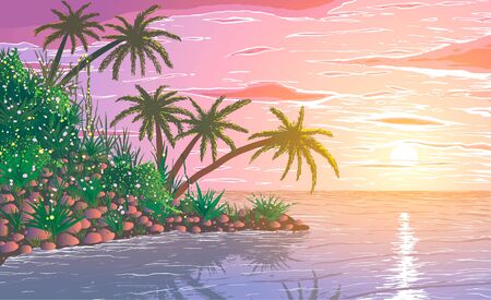 Tropical ocean coast with plants, palm trees and flowers on sunset.のイラスト素材