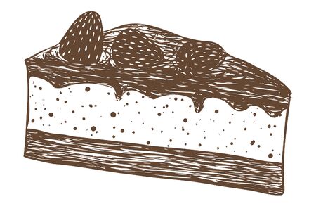 Vector strawberry cheesecake in vintage style painted in strokes on white background.のイラスト素材