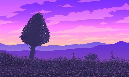 Vector landscape. Silhouette of tree among flowering meadow and mountains at sunset.のイラスト素材