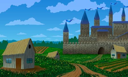 Vector illustration. Medieval castle with agricultural fields and village among rural landscape.の写真素材