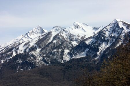 Snowy high mountains landscape in spring. Sochi, Russia.の写真素材