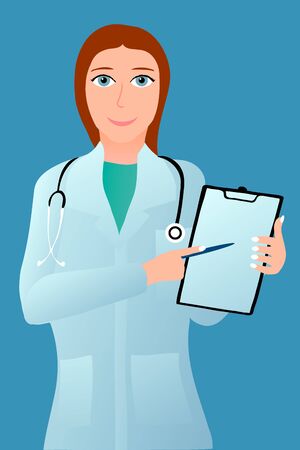 Smiling doctor in white coat with folder with diagnosis.のイラスト素材