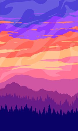 Mountain abstract landscape at sunset. Forest in the hills. Vertical flat vector illustration.のイラスト素材