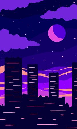 Cartoon night city on background of sunset, clouds and moon. Vertical flat vector illustration.のイラスト素材