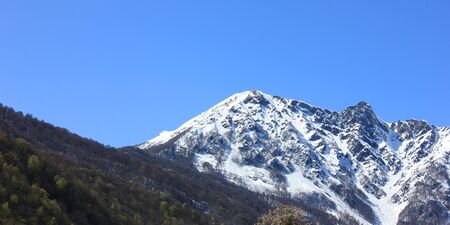 Mountain landscape. Snowy mountain peak and green slope.の写真素材