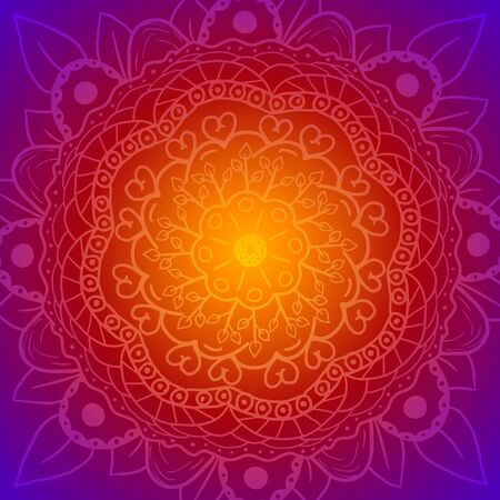 Vector yellow-violet mandala pattern with rays and flower in the center.の写真素材