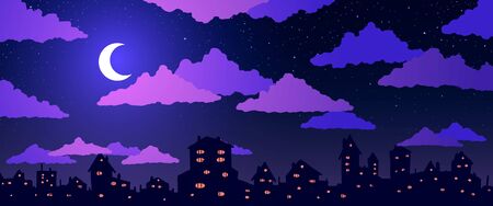 Vector cartoon vintage town against stars, purple clouds and moon at night.の写真素材