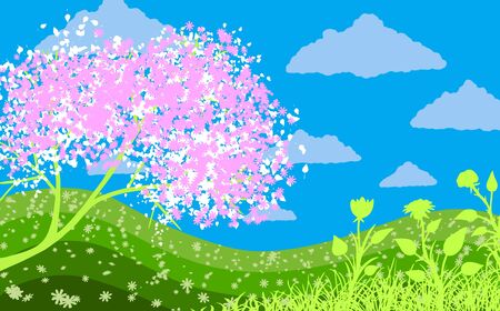 Vector abstract illustration of spring. Blossoming tree on a background of a green meadow with flowers, blue sky and clouds.のイラスト素材