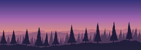Vector landscape illustration. Mountains and fir trees at sunset.のイラスト素材