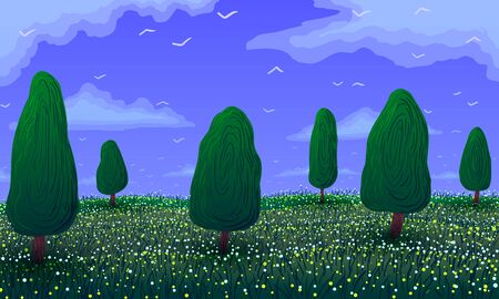 Vector spring landscape. Green trees and grass with flowers on meadowのイラスト素材