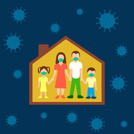 family in medical masks at home on self-isolation. Prevention of coronavirus. Stay safe at home.のイラスト素材