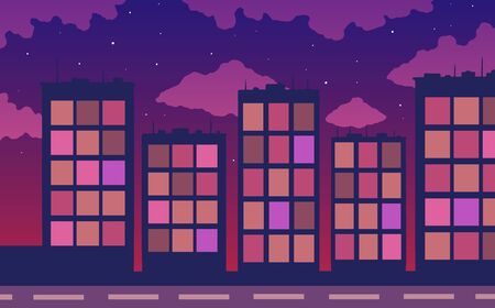 Cartoon night city on background of sunset and clouds. flat vector illustration.のイラスト素材