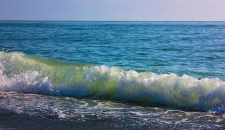 Blue seashore. Waves and foam.