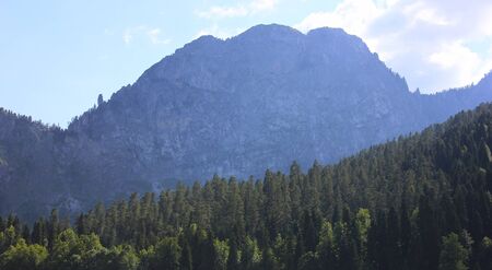 High rocky mountain in blue fog and green mountain slope with forest.の写真素材